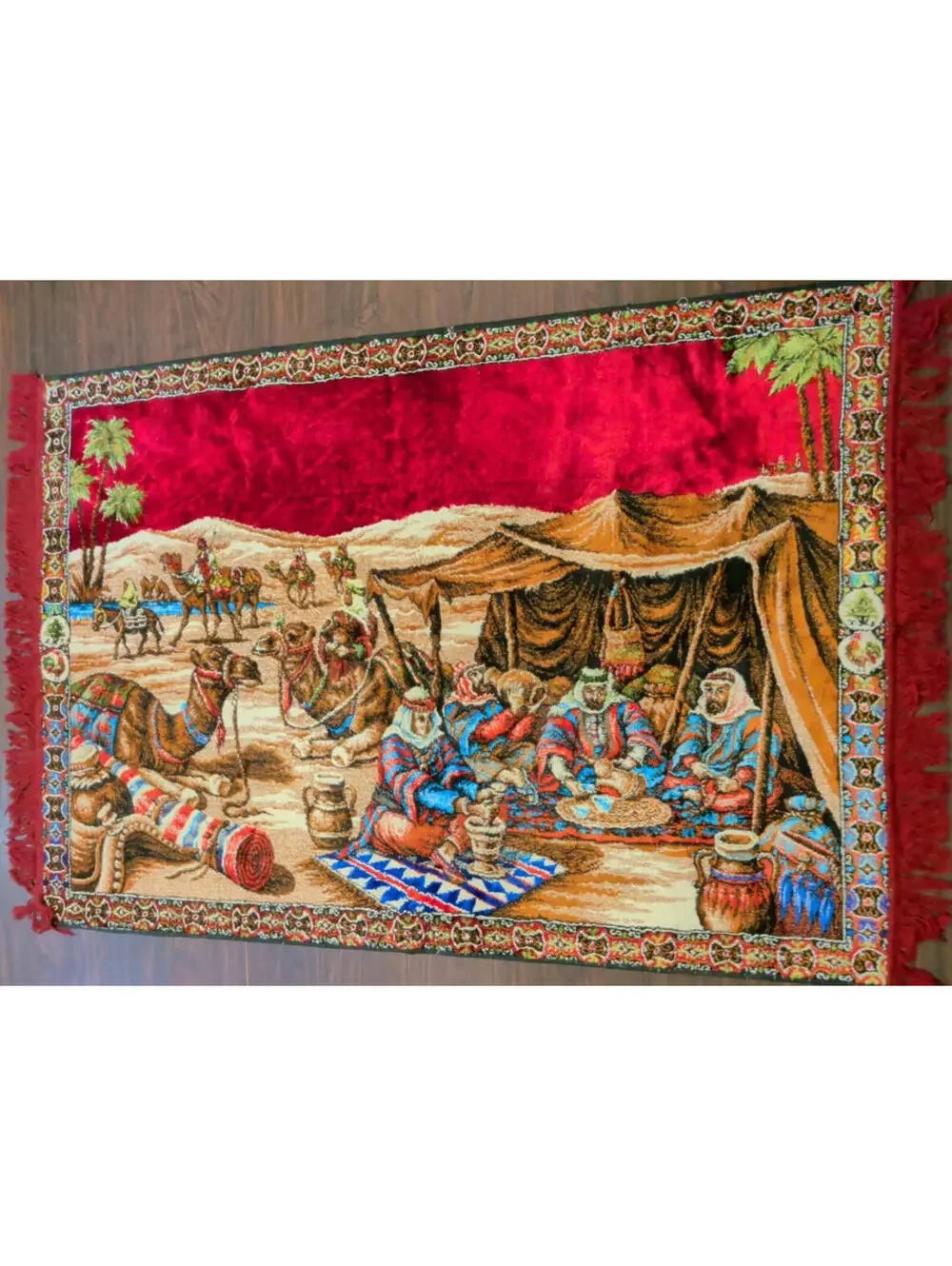 Vintage Saudi Arabia Middle Eastern Tapestry Wall Hanging Rug Fringed 56